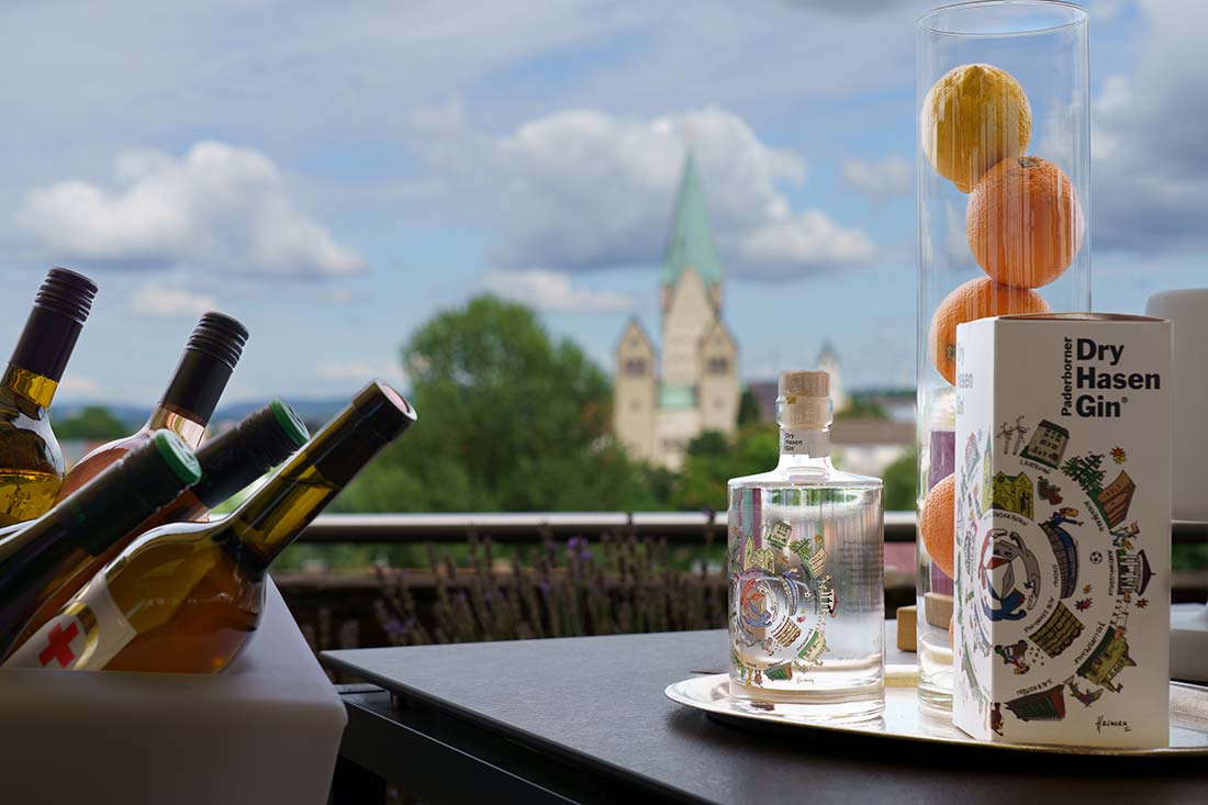 View from the terrace of the cathedral, wine bottles in the foreground
